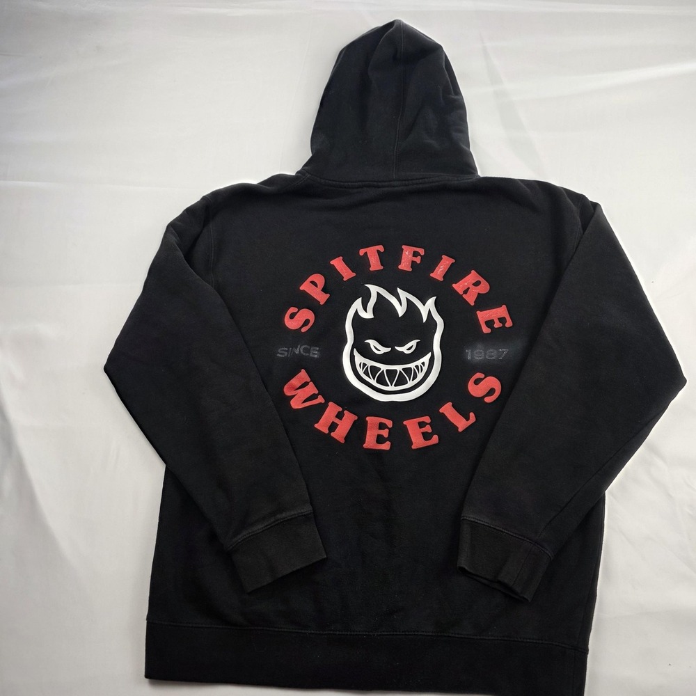 VTG Y2K Spitfire Hoodie Mens Large Black Full Zip Wheels Fleece Sweatshirt Skate